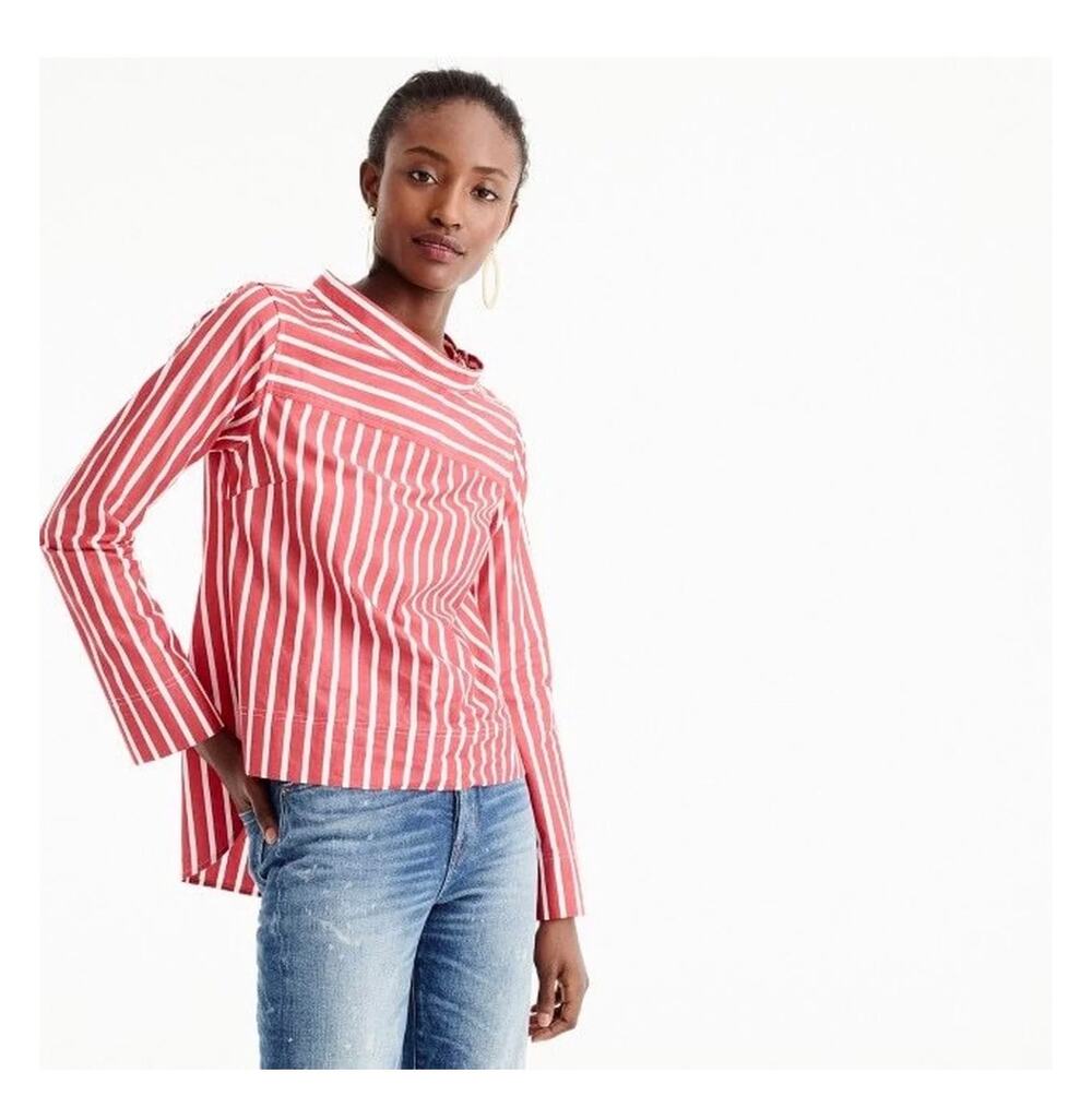J.Crew Red White Stripe Cotton Popover Blouse Long Sleeve Shoulder Buttons Top